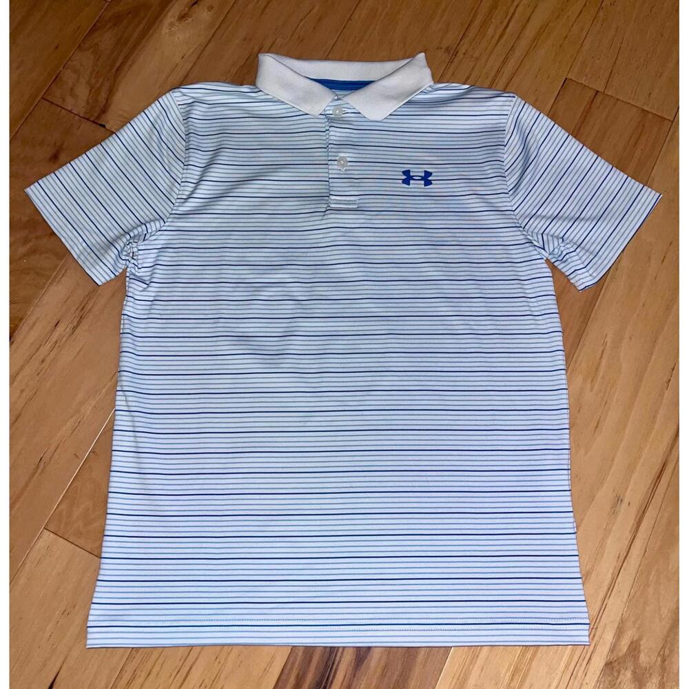 UNDER ARMOUR BOYS WHITE & BLUE STRIPED ATHLETIC POLO SIZE M EXCELLENT COND LD6